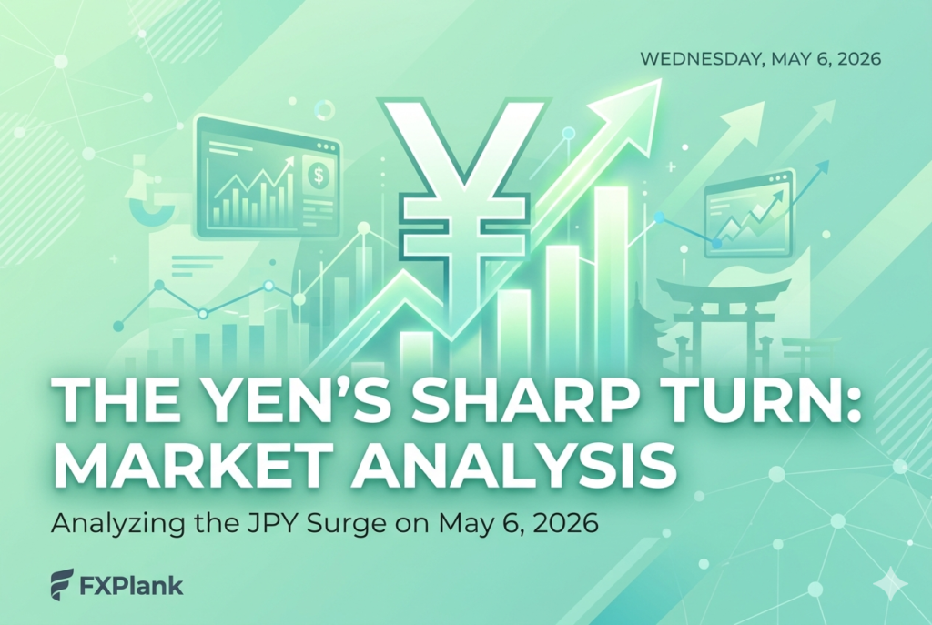 Blog cover image for FXPlank with a light green fintech theme, featuring a glowing Japanese Yen symbol (¥) and ascending market charts. Text reads: "THE YEN’S SHARP TURN: MARKET ANALYSIS - Analyzing the JPY Surge on May 6, 2026."
