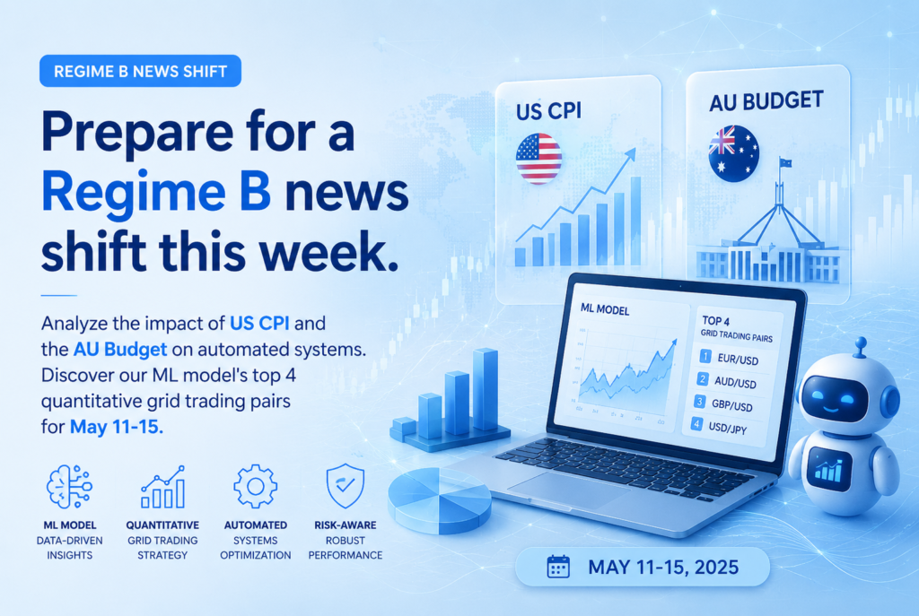 FXPlank Quantitative Market Forecast for May 11-15 2026 showing Volatility Watchlist, Regime B shift analysis, and high-impact economic news for USD, AUD, and NZD.